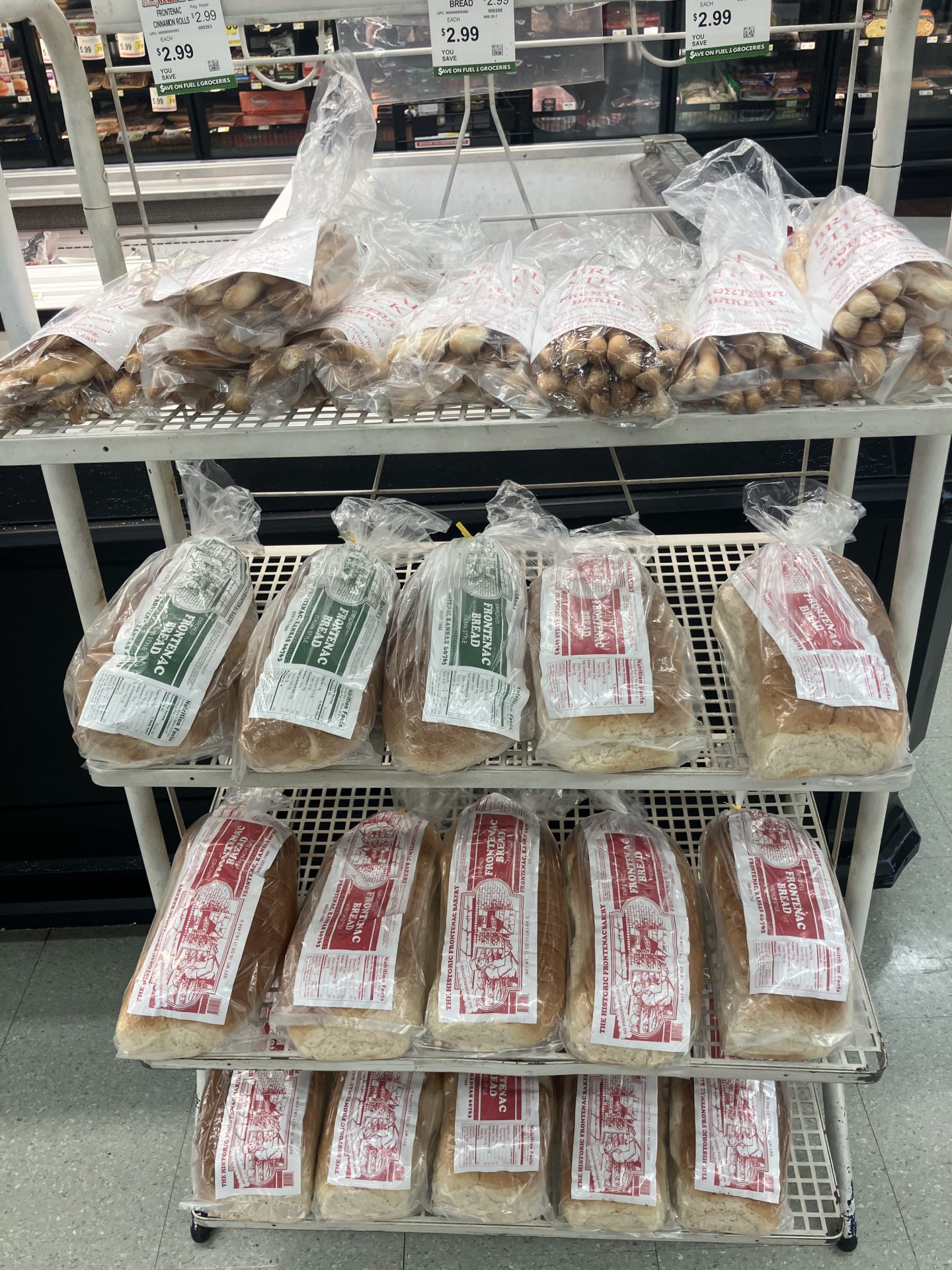 Frontenac Bakery bread and breadsticks displayed at a regional grocery partner
