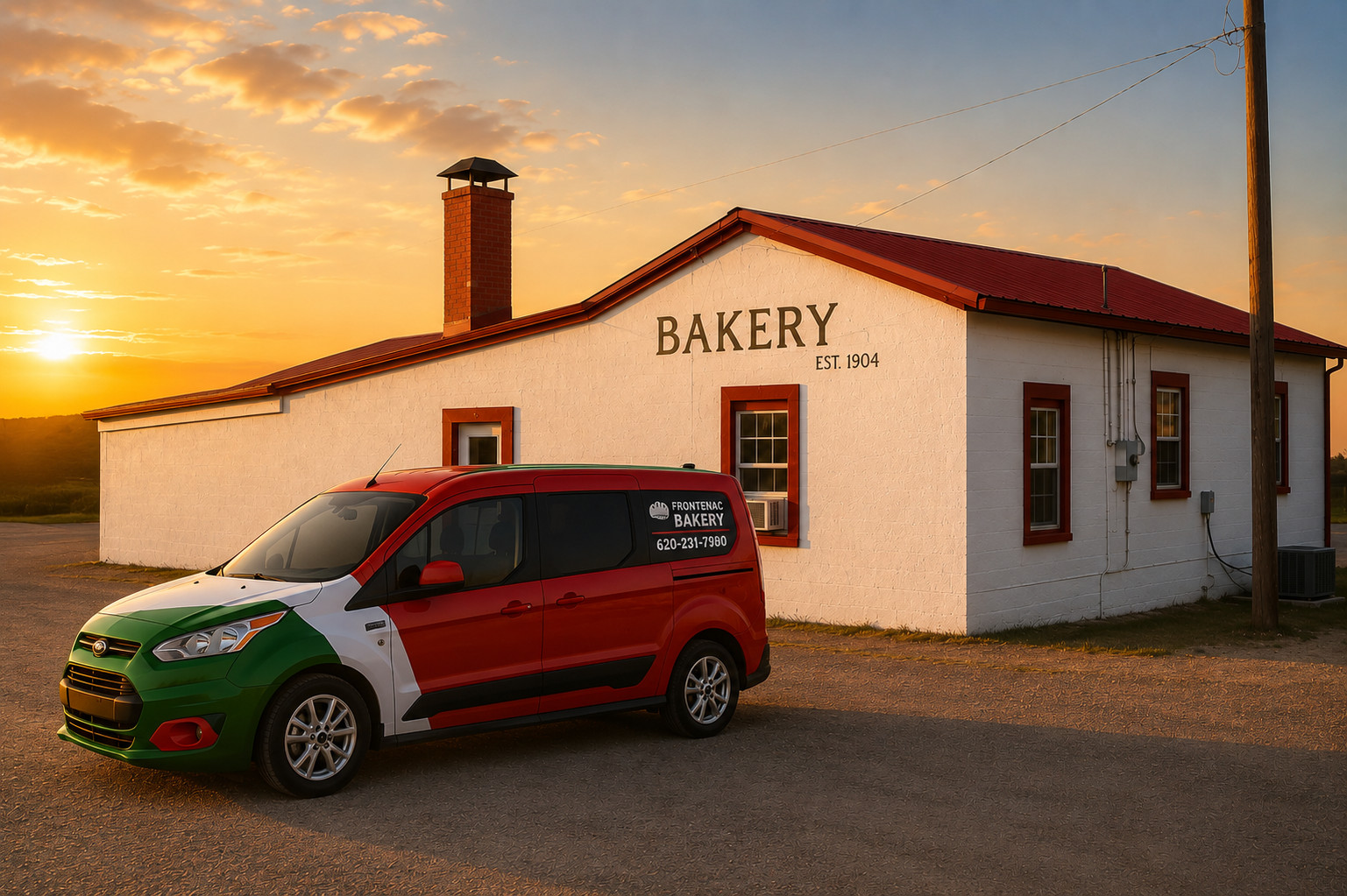 The THFB Loaf Limo parked outside The Historic Frontenac Bakery at sunset