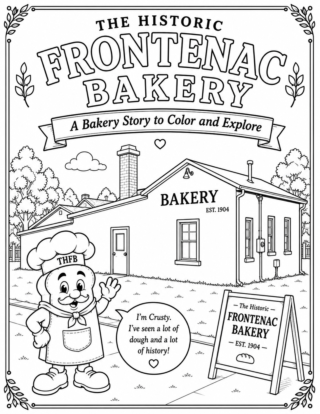 The Historic Frontenac Bakery coloring and activity book title artwork